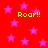 Red background with pink stars and yellow "Roar!!" text in four locations.