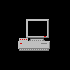 Pixelated computer monitor with gray base and green arms, displaying blue eyes and mouth expressions