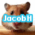 A pixelated hamster image with text overlays in blue, pink, and orange on a white background.