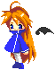 Pixel art character with orange hair and blue jacket in four animation frames showing subtle pose changes against gray background.