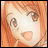 A 48x48 pixel animated buddy icon featuring a close-up of an anime-style character's face on the left and text elements on the right against a black background.