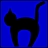 Black silhouette of a standing cat with tail raised against solid blue background, rendered in pixelated style.