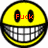 Two yellow smiley faces with black outlines and gray teeth; left face has red text 'Fuck' in eyes, right face has red text 'You' in eyes
