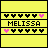 Yellow background with black borders, pink and black heart symbols surrounding the name "MELISSA" in pixelated text