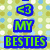 Pixelated icon with green, blue, and pink text on a polka-dot background featuring heart symbols.