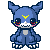 A 6-frame pixel art animation of a blue cartoon creature with yellow markings, red eyes, and white teeth in various poses on a gray background.