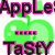 Pixelated green apple with stem and leaf, surrounded by pink-outlined black text reading "Apple" above and "Tasty" below.