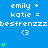 Blue background with repeated white text and green heart animations, showing three of 'emily + katie = besfrenzzz' followed by '<3' symbols. The hearts animate from one to four in sequence across frames