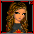 Pixel art contact sheet of a female character with long curly hair in various poses and text frames, featuring red accents on clothing and pink text.