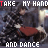 repeated pixelated images showing a person in dark clothing holding a red object, with overlaid text reading "TAKE MY HAND AND DANCE" in white and red lettering
