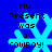 Blue background with four identical pixelated snowflakes and black text reading 'My Present was a cowboy!'