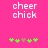 Pixelated text 'cheer chick' on bright pink background with green and brown star-like shapes below.