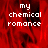 Red background with white pixelated text 'my chemical romance' in three , one grayed out
