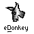 Pixelated grayscale icon of a donkey's head with white and dark gray tones, positioned above stylized text reading 'eDonkey' on a light gray background.
