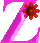 Two stylized Z-shaped figures with pink outlines and gradient fills, each holding a flower-like symbol—one red, one yellow—against a gray background.