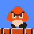 Pixel art character with orange mushroom cap, black mustache, and black shorts stands on brown brick platform against blue background.