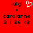 Red background displays two identical side-by-side text layouts with 'luigi' above a plus sign, 'carolanne', and '3 1 26 <3'. Left layout includes a white pixelated heart symbol next to 'luigi'; right layout omits the heart.