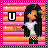 Pixel art of a character with long black hair, white crop top, and checkered pants against pink-orange striped background with white stars and a 'U' symbol.
