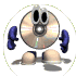 A circular icon shows a CD-shaped character with blue gloves, beige feet, and black eyes that change expression across frames.
