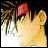 Pixelated anime-style character with brown hair and red headband, next to stylized text on black background.