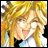 Pixelated anime-style character with long blonde hair, closed eyes, and a smiling expression, next to black background with white text.