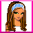 Pixel art contact sheet showing a cartoon woman with long brown hair and blue headband alongside text fragments on cyan backgrounds, framed by pink borders.
