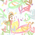 Pixelated image of a character with brown hair and yellow clothing holding a pink object, surrounded by green and blue floral shapes on white background.