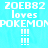 Pixelated text on cyan background: 'ZOE82' above 'loves' above 'POKEMON' with three exclamation marks below, repeated in two