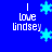 Blue background with white text 'I love Lindsey' and light blue snowflake icons in pixelated style.
