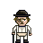 Pixel art of a character in vintage attire holding a cane, wearing a bowler hat and suspenders over a light shirt.