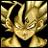 Static pixelated icon of a golden armored figure with winged helmet and raised arm, set against black background.