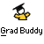 Pixelated 50x50 static icon of a stick-figure character in graduation attire with yellow shirt and black cap, positioned above "Grad Buddy" text on gray background.