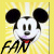 Pixelated Mickey Mouse face with black ears, white face, red collar, and purple mouth against yellow sunburst background with "FAN" text.