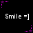 Black background with repeated white 'Smile =]' text and purple star-shaped pixel art elements in a pattern