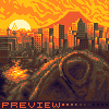 Pixel art cityscape at sunset with skyscrapers, a large sun, and a glowing river or road leading to the horizon.