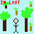 Pixel art scene with stick figure, trees, and text phrases on light blue background; gray rectangle in bottom right corner.