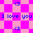 Pixelated icon with pink and purple checkered background, blue text "I love you", and blue heart symbols in a repeating pattern.