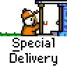 Animated contact sheet of a pixel art character delivering pizza with changing text bubbles and door states across 14 frames.