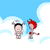 Two pixel-art characters with red and black hair stand on clouds, then kiss as pink hearts appear around them.