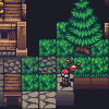 Pixel art scene showing a character with orange hair holding a torch near stone and wooden structures, green foliage, and a large tree.