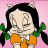 Pixelated cartoon character with black pigtails, green bows, orange dress, and cat ears against pink background.