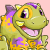 Animated pixel art contact sheet of a green cartoon dinosaur with purple and yellow patterns, showing seven sequential frames of blinking and mouth movement against a pink background.