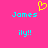 A bright pink background displays two identical pixelated text blocks with a yellow heart symbol above them.