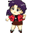 Pixel art contact sheet of a chibi-style anime character with purple hair in six animated poses, wearing red jacket and brown skirt against gray background.