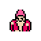 Pixel art character with pink hat and red jacket, two views showing different arm positions against gray background.