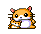 Pixel art of two orange hamsters with white faces and pink ears, one larger holding a smaller one, against gray background.