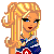 Pixelated cartoon character with blonde hair in a high ponytail, blue eyes, and red lips holding a blue-and-white striped object.
