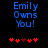Blue pixelated text "Emily Owns You!" above five red heart symbols on a black background, with one heart changing color between frames.