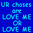 Blue background with cyan pixelated text repeating 'UR chases are LOVE ME OR LOVE ME' in a pattern, some highlighted in lighter blue