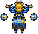 Pixel art character with golden head and blue wings holding a patterned shield, surrounded by floating spiral orbs on gray background.